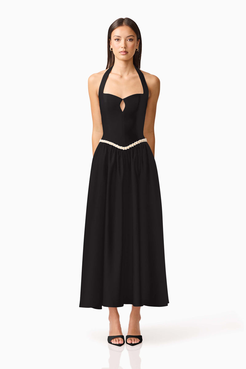 Brunette model wearing Hester Halter Gown in Black front shot
