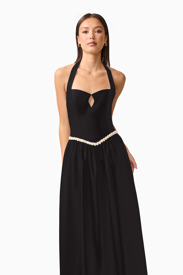 Brunette model wearing Hester Halter Gown in Black close shot