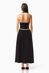 Brunette model wearing Hester Halter Gown in Black back shot