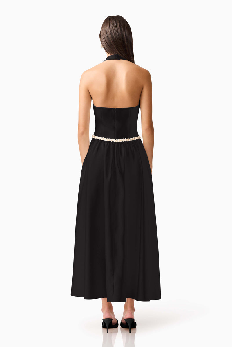 Brunette model wearing Hester Halter Gown in Black back shot