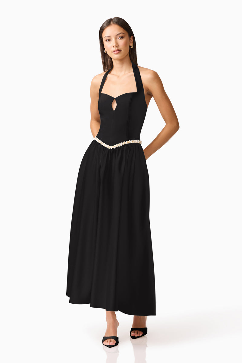 Brunette model wearing Hester Halter Gown in Black front posed shot