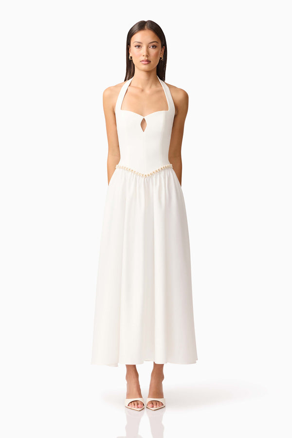 Brunette model wearing the Hester Halter Gown in White front shot