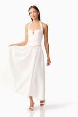 Brunette model wearing the Hester Halter Gown in White posed shot
