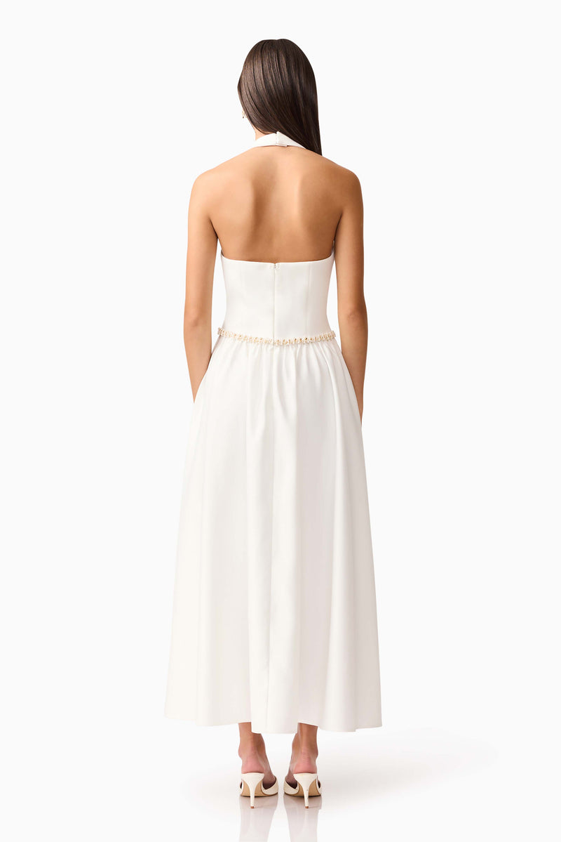 Brunette model wearing the Hester Halter Gown in White back shot