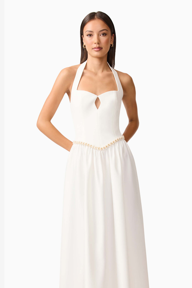 Brunette model wearing the Hester Halter Gown in White close up shot
