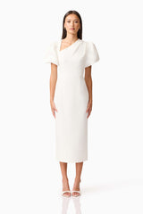 Brunette model wearing the Hester Puff Sleeve Midi Dress in White front shot