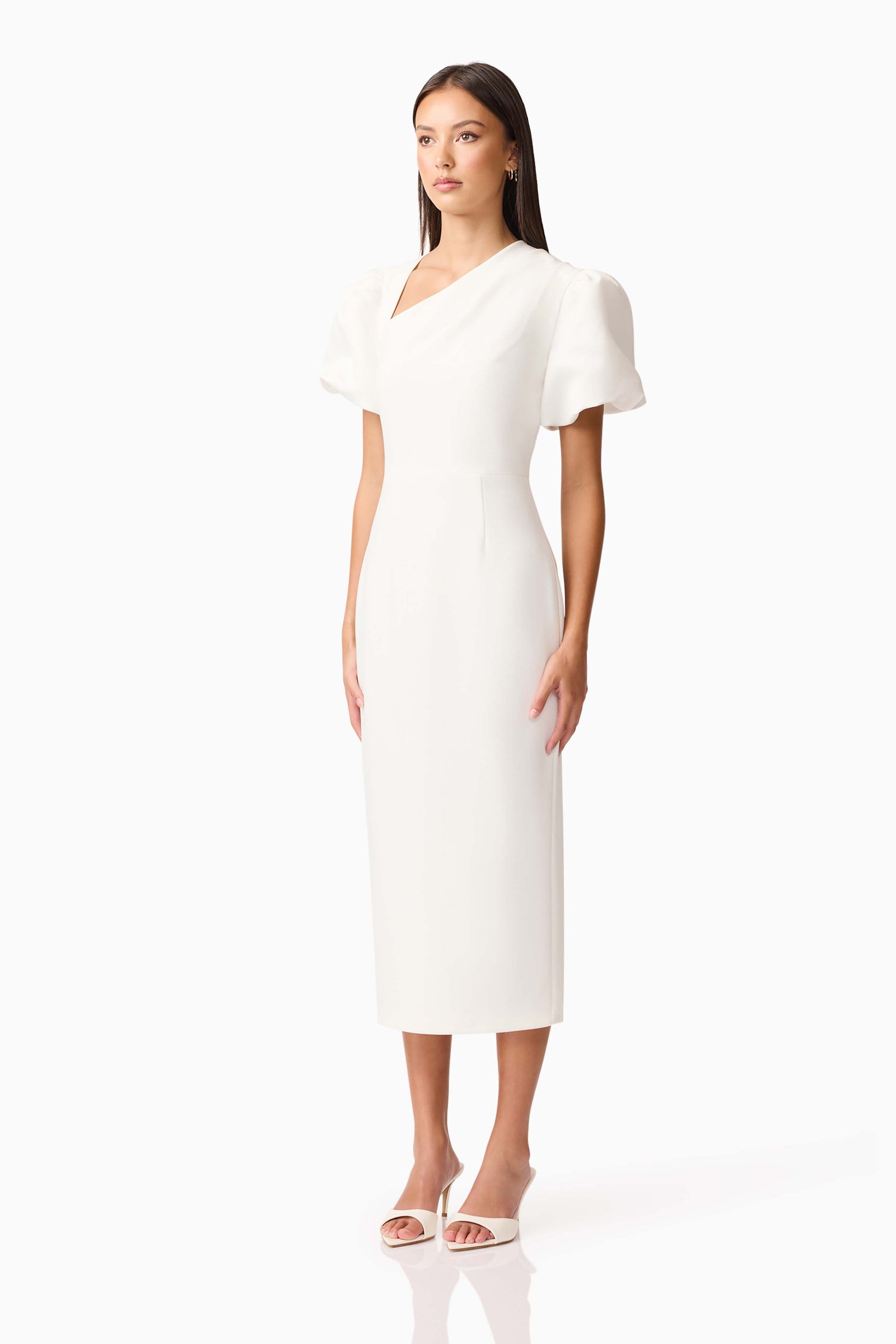 Hester Puff Sleeve Midi Dress in White | Asymmetric Neckline – Elliatt