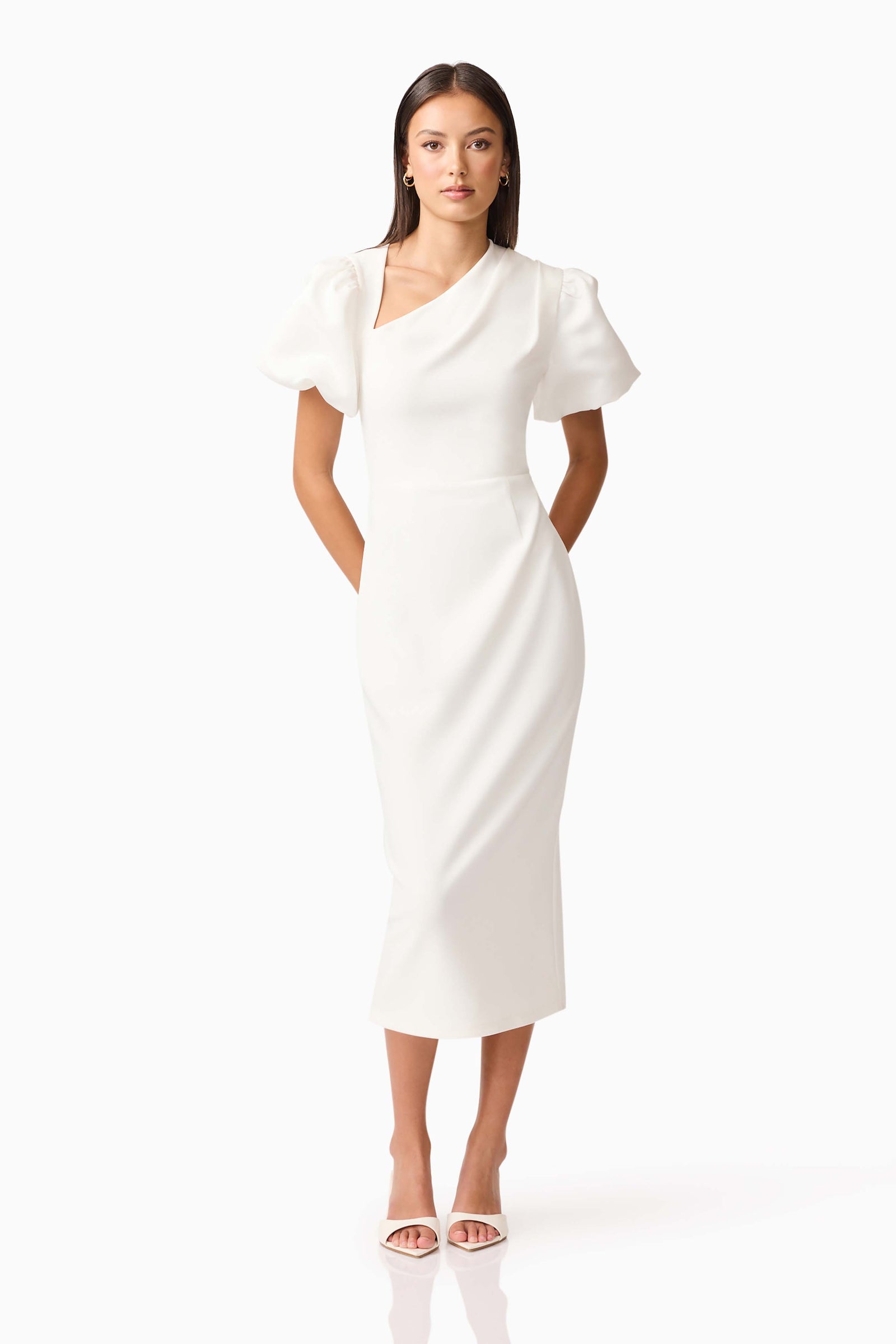 Hester Puff Sleeve Midi Dress in White | Asymmetric Neckline – Elliatt