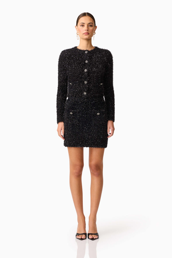 Brunette model wearing the Blythe Knit Set in Black front shot