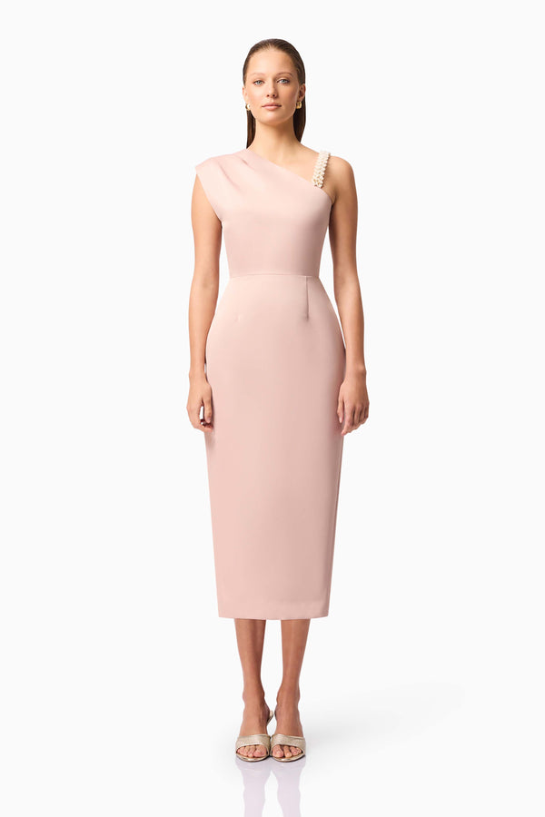 Brunette model wearing the Camile Midi Dress in Pink front shot