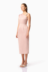 Brunette model wearing the Camile Midi Dress in Pink side shot