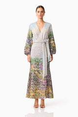 Brunette model wearing the Arden Long Sleeve Gown in Multi Ombre front shot
