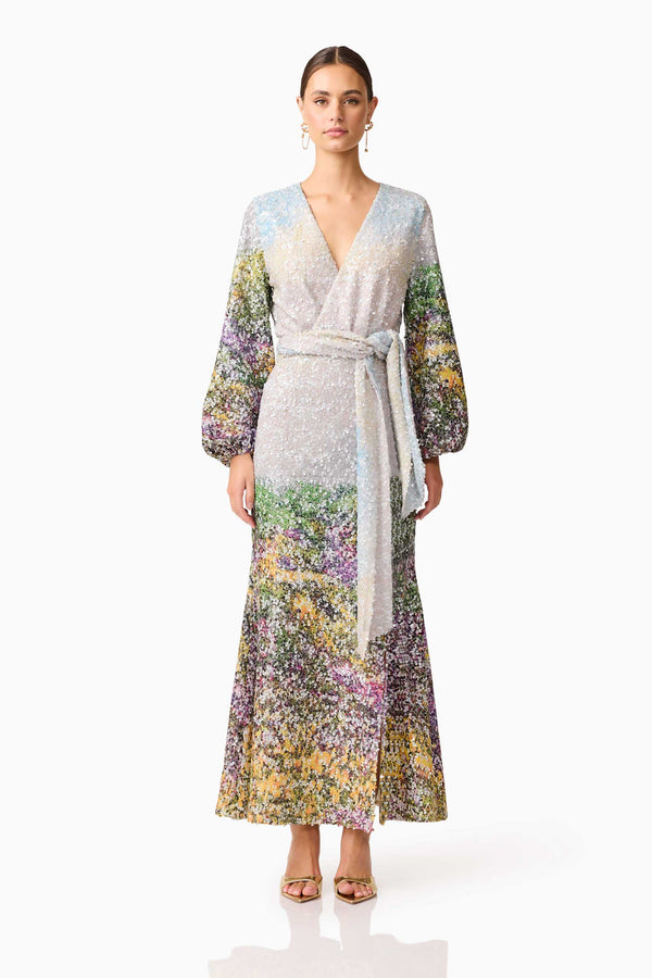 Brunette model wearing the Arden Long Sleeve Gown in Multi Ombre front shot