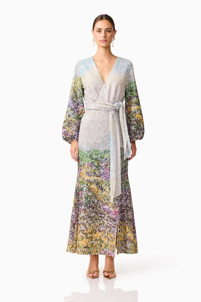 Brunette model wearing the Arden Long Sleeve Gown in Multi Ombre front shot
