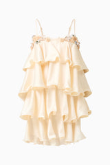 Poselia Tiered Mini Dress in Antique White with square neckline & 3D floral trim detailing ghost shot
