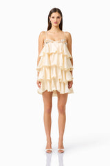 Poselia Tiered Mini Dress in Antique White with square neckline & 3D floral trim detailing front shot
