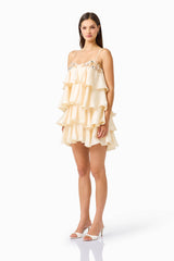 Poselia Tiered Mini Dress in Antique White with square neckline & 3D floral trim detailing side shot
