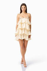 Poselia Tiered Mini Dress in Antique White with square neckline & 3D floral trim detailing posed shot