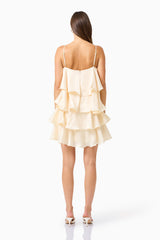Poselia Tiered Mini Dress in Antique White with square neckline & 3D floral trim detailing back shot