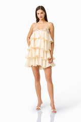 Poselia Tiered Mini Dress in Antique White with square neckline & 3D floral trim detailing posed shot