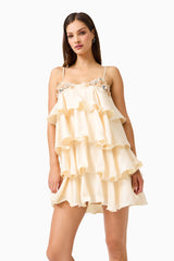 Poselia Tiered Mini Dress in Antique White with square neckline & 3D floral trim detailing close up shot