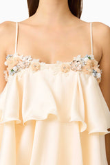 Poselia Tiered Mini Dress in Antique White with square neckline & 3D floral trim detailing detail shot