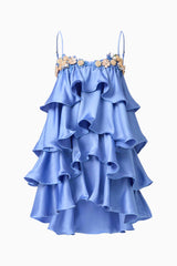 Poselia Tiered Mini Dress in Slate Blue with square neckline & 3D floral trim ghost shot