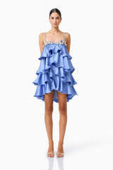 Poselia Tiered Mini Dress in Slate Blue with square neckline & 3D floral trim front shot