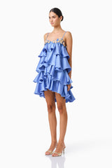 Poselia Tiered Mini Dress in Slate Blue with square neckline & 3D floral trim side shot