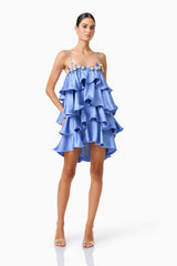Poselia Tiered Mini Dress in Slate Blue with square neckline & 3D floral trim posed shot