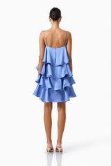 Poselia Tiered Mini Dress in Slate Blue with back zipper & 3D floral trim back shot