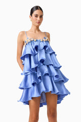 Poselia Tiered Mini Dress in Slate Blue with square neckline & 3D floral trim close up shot