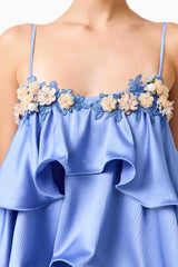 Poselia Tiered Mini Dress in Slate Blue with square neckline & 3D floral trim detail shot