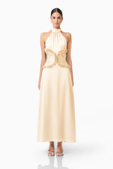 Poselia Halter Midi Dress in Antique White with halter collar neckline & bodice with gathering front shot