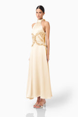 Poselia Halter Midi Dress in Antique White with halter collar neckline & bodice with gathering side shot