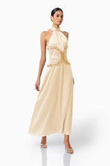 Poselia Halter Midi Dress in Antique White with halter collar neckline & bodice with gathering posed shot