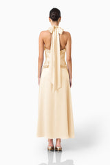 Poselia Halter Midi Dress in Antique White with halter collar neckline & back tie back shot