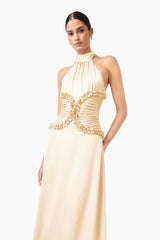 Poselia Halter Midi Dress in Antique White with halter collar neckline & bodice with gathering close up shot