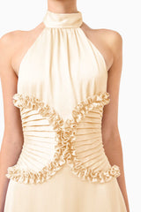 Poselia Halter Midi Dress in Antique White with halter collar neckline & bodice with gathering detail shot