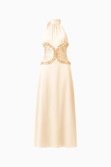 Poselia Halter Midi Dress in Antique White with halter collar neckline & bodice with gathering ghost shot