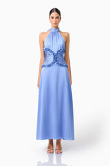 Poselia Halter Midi Dress in Slate Blue with a collar halter neckline & gathered bodice front shot 