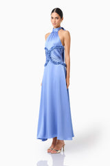 Poselia Halter Midi Dress in Slate Blue with a collar halter neckline & gathered bodice side shot 