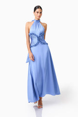 Poselia Halter Midi Dress in Slate Blue with a collar halter neckline & gathered bodice posed walking shot 
