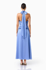 Poselia Halter Midi Dress in Slate Blue with a tie back & gathered bodice back shot 