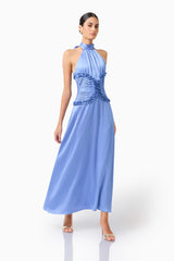 Poselia Halter Midi Dress in Slate Blue with a collar halter neckline & gathered bodice side walking shot 