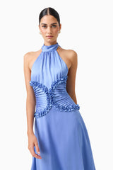 Poselia Halter Midi Dress in Slate Blue with a collar halter neckline & gathered bodice close up shot 