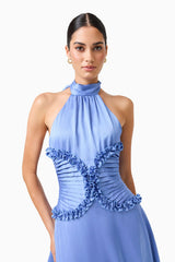 Poselia Halter Midi Dress in Slate Blue with a collar halter neckline & gathered bodice detail shot 