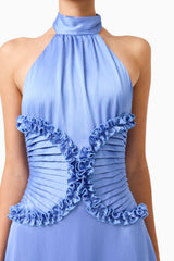 Poselia Halter Midi Dress in Slate Blue with a collar halter neckline & gathered bodice dress detail shot 