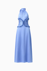 Poselia Halter Midi Dress in Slate Blue with a collar halter neckline & gathered bodice ghost shot 