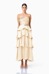 Poselia Tiered Maxi Dress in Antique White with strapless neckline & 3D Floral trim front shot